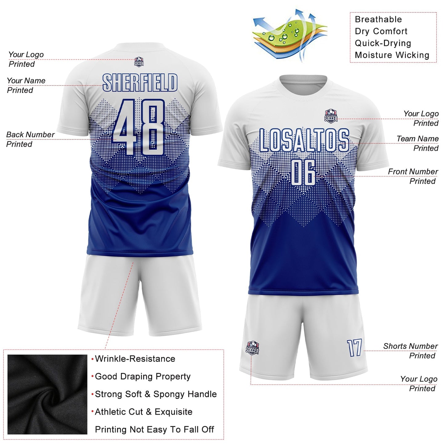 Custom Royal White Sublimation Soccer Uniform Jersey view 5