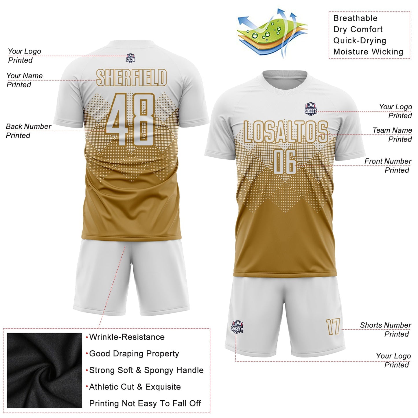 Custom Old Gold White Sublimation Soccer Uniform Jersey view 3