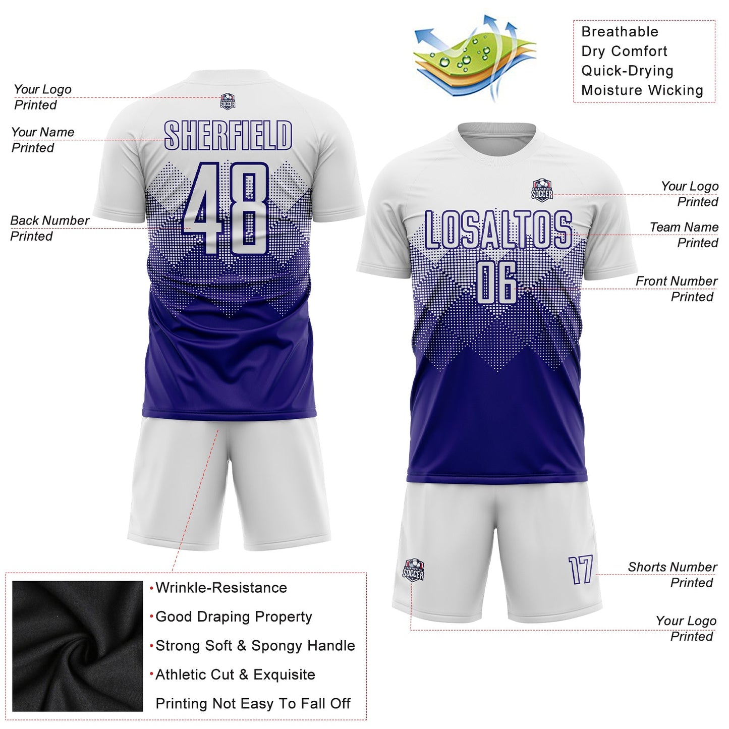 Custom White Dark Purple Sublimation Soccer Uniform Jersey view 5