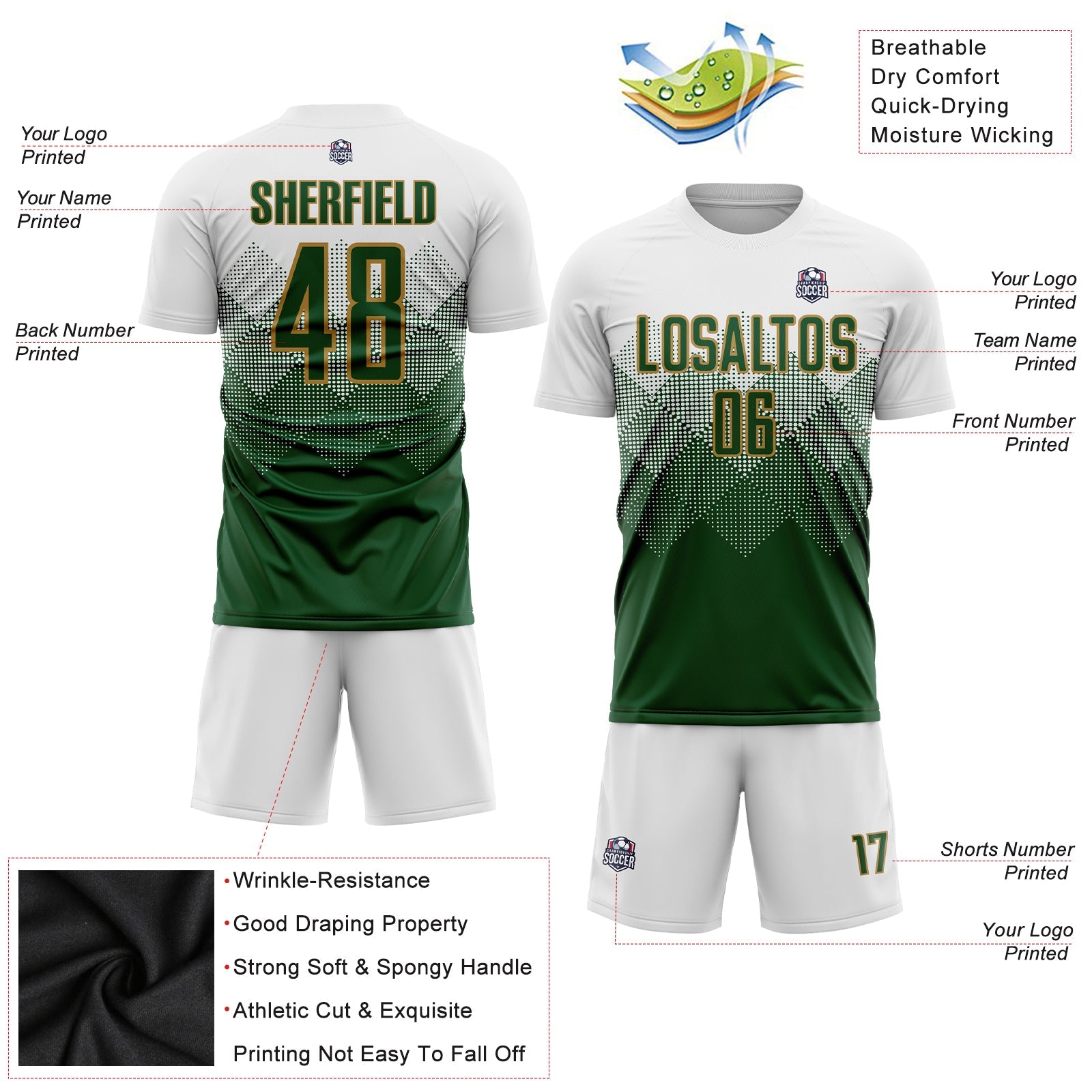 Custom White Green-Old Gold Sublimation Soccer Uniform Jersey view 3