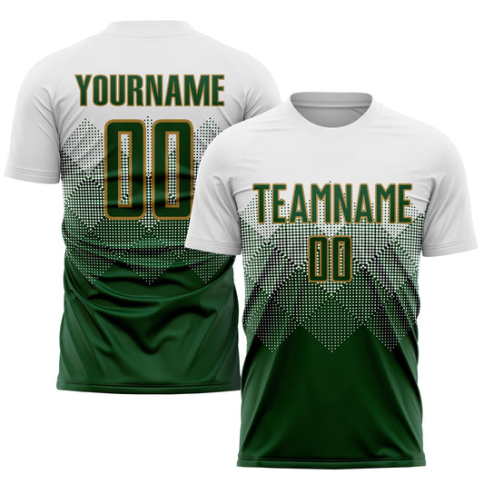Custom White Green-Old Gold Sublimation Soccer Uniform Jersey - Main View