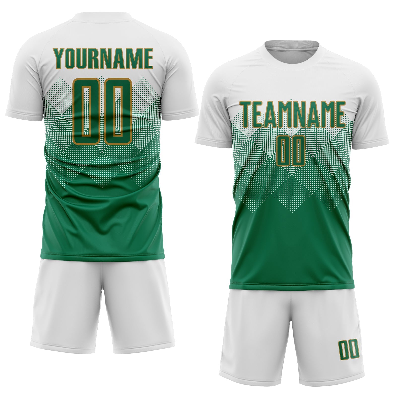 Custom White Kelly Green-Old Gold Sublimation Soccer Uniform Jersey view 2