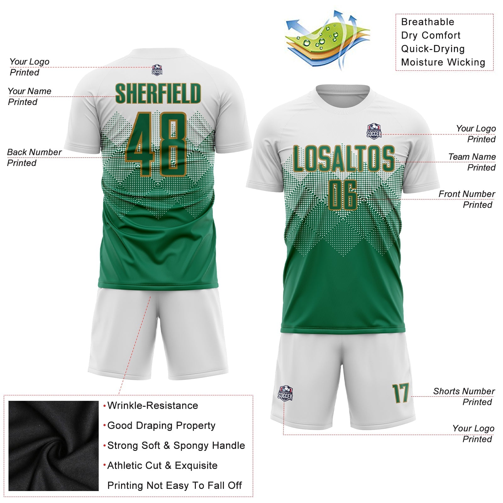 Custom White Kelly Green-Old Gold Sublimation Soccer Uniform Jersey view 3