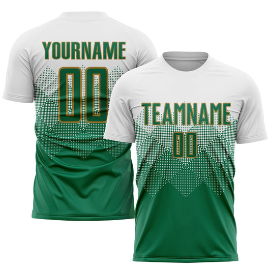 Custom White Kelly Green-Old Gold Sublimation Soccer Uniform Jersey - Main View