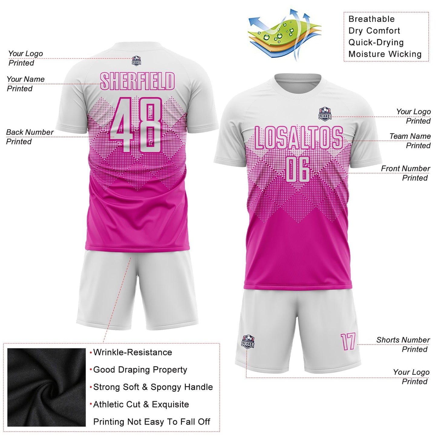 Custom Deep Pink White Sublimation Soccer Uniform Jersey view 5