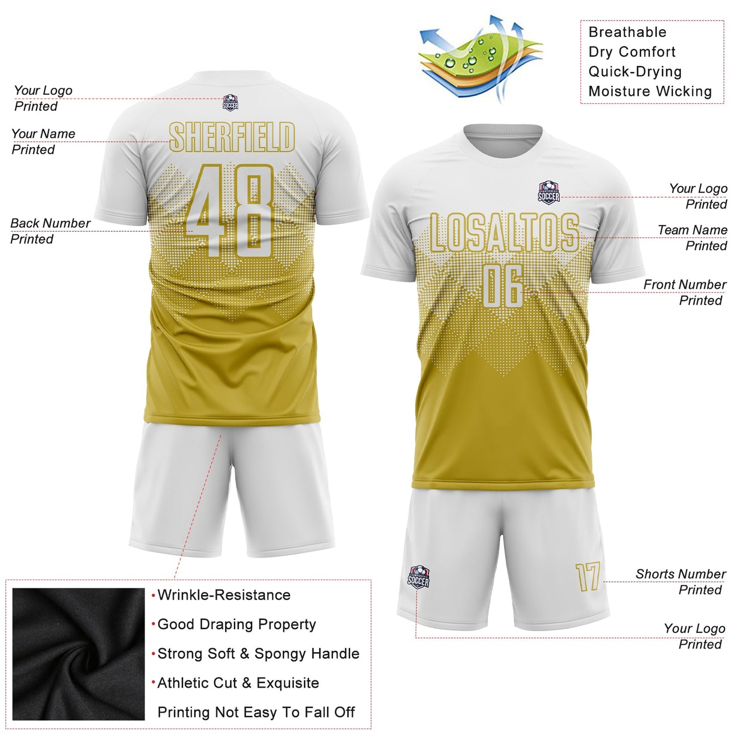 Custom Old Gold White Sublimation Soccer Uniform Jersey view 3