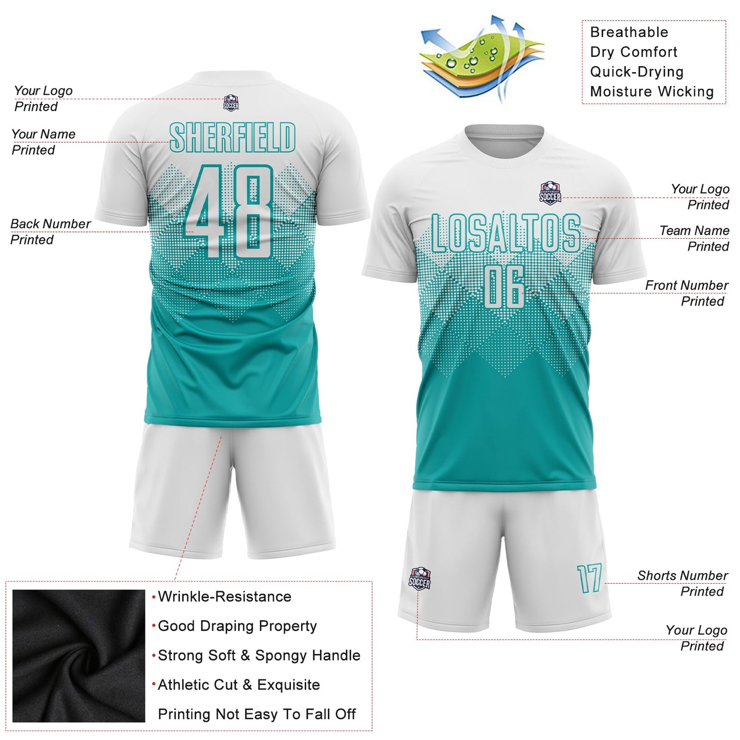 Custom Aqua White Sublimation Soccer Uniform Jersey view 4