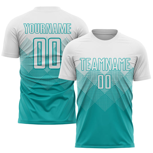 Custom Aqua White Sublimation Soccer Uniform Jersey - Main View
