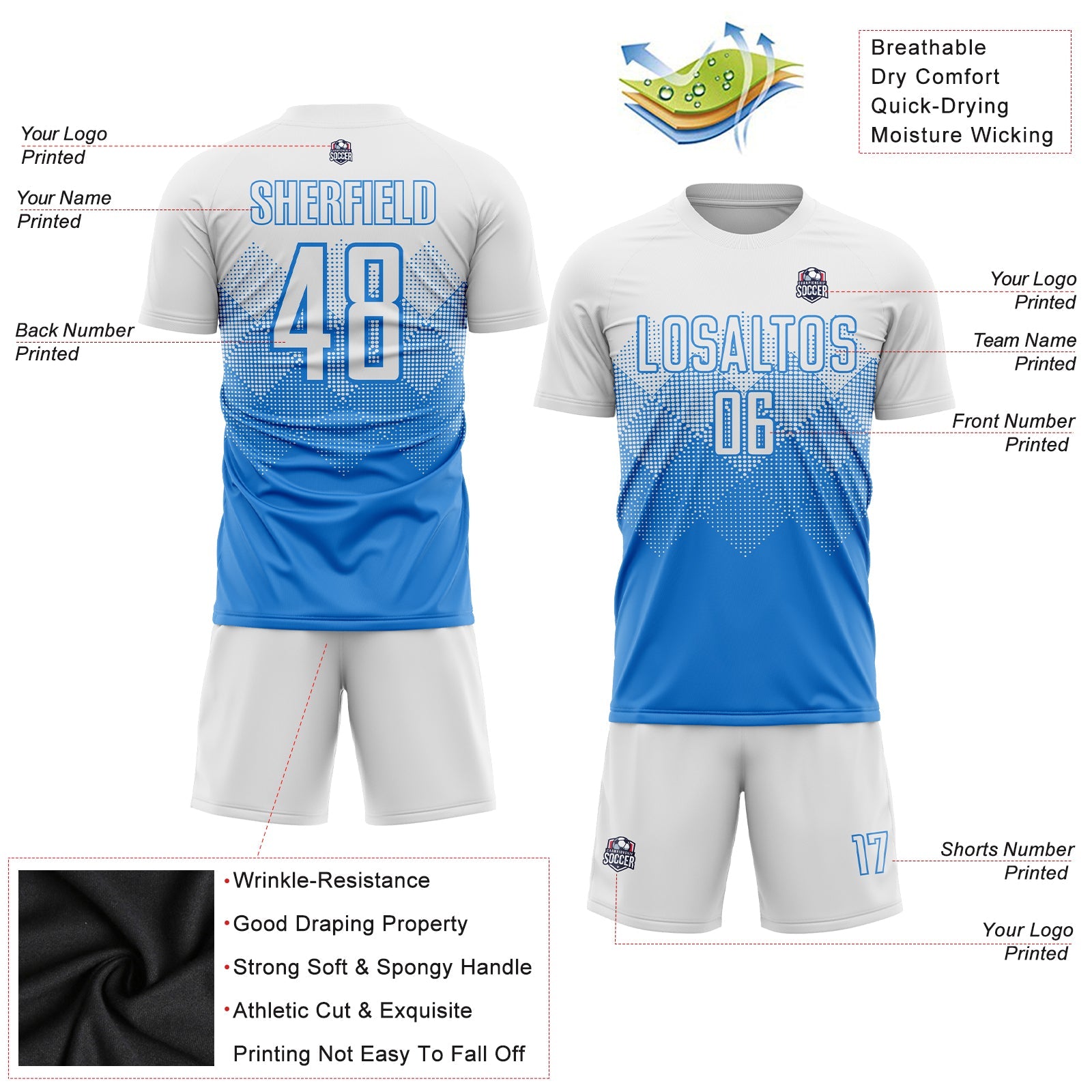 Custom Powder Blue White Sublimation Soccer Uniform Jersey view 3