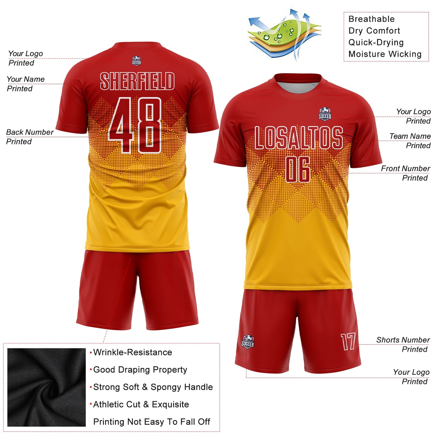 Custom Gold Red-White Sublimation Soccer Uniform Jersey view 3