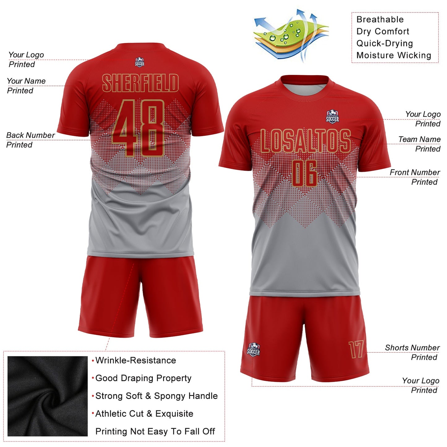 Custom Gray Red-Old Gold Sublimation Soccer Uniform Jersey view 3