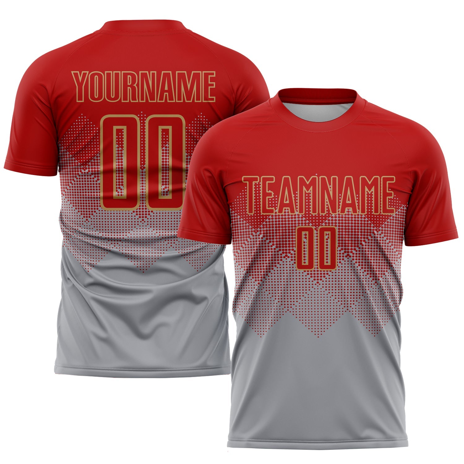 Custom Gray Red-Old Gold Sublimation Soccer Uniform Jersey - Main View