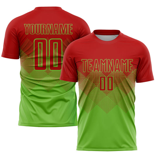 Custom Neon Green Red Sublimation Soccer Uniform Jersey - Main View