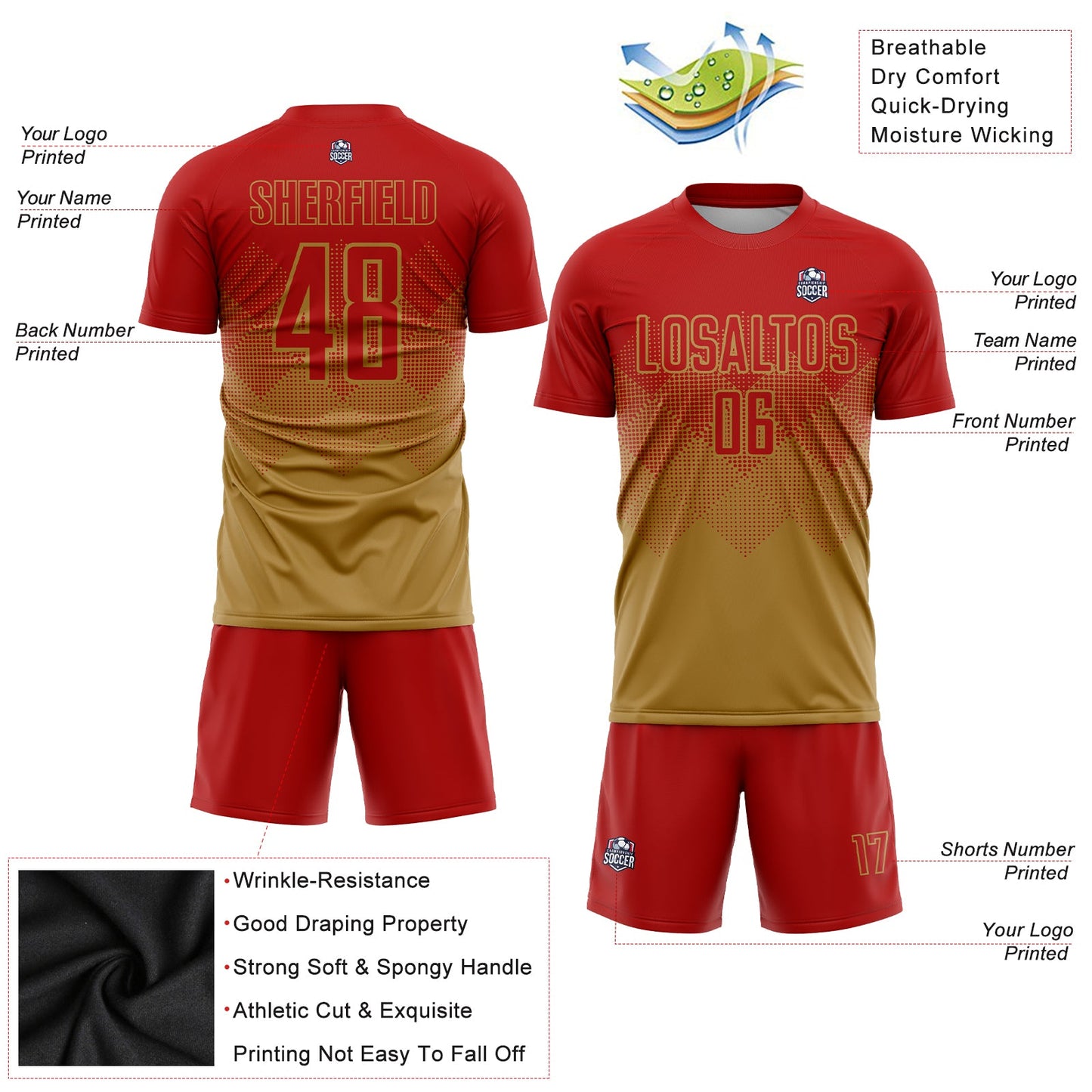 Custom Old Gold Red Sublimation Soccer Uniform Jersey view 3