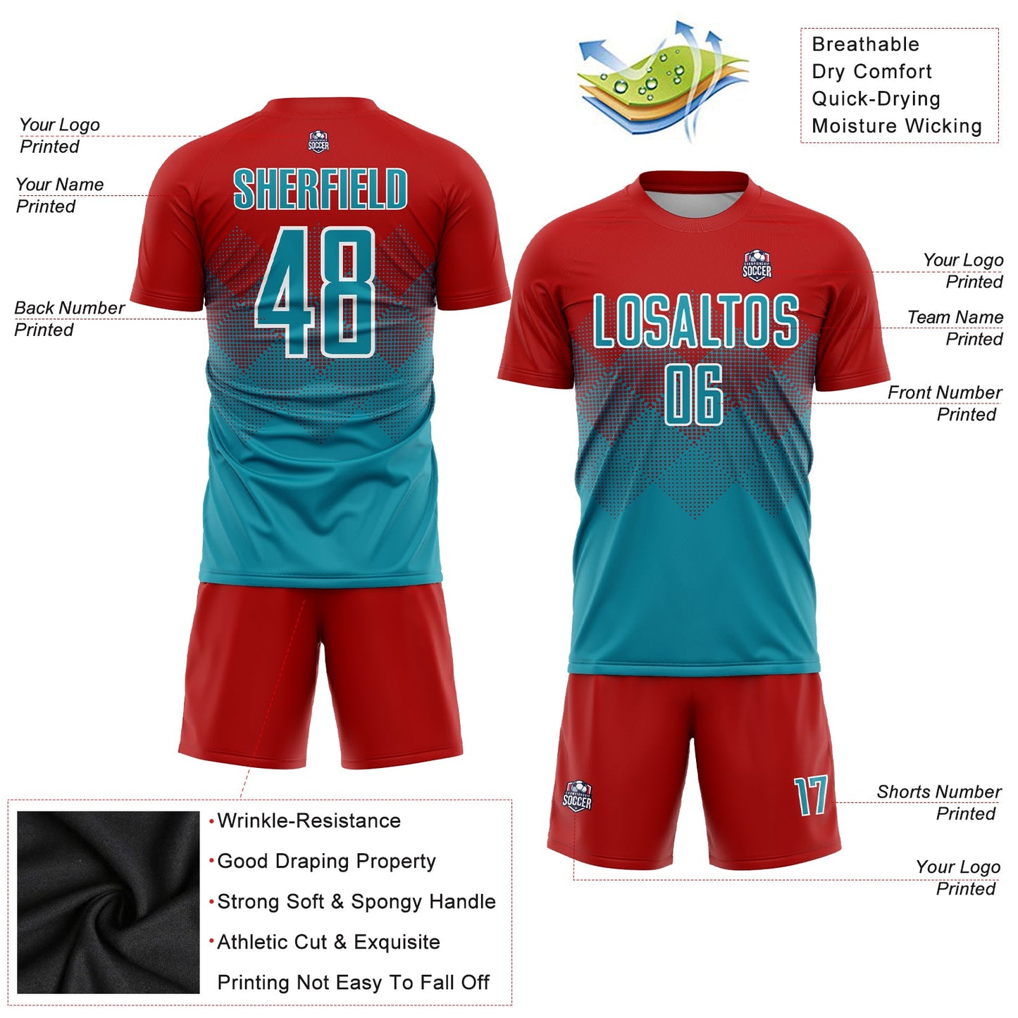 Custom Red Teal-White Sublimation Soccer Uniform Jersey view 3