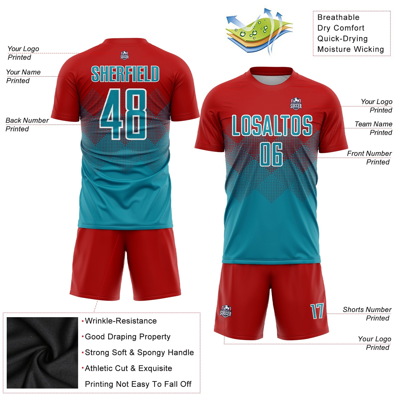 Custom Red Teal-White Sublimation Soccer Uniform Jersey view 3