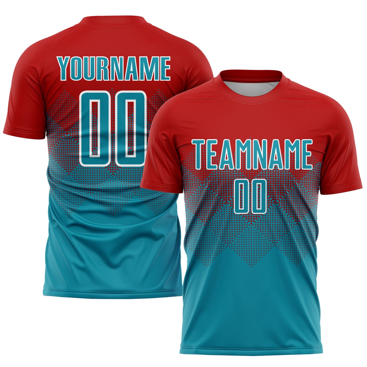 Custom Red Teal-White Sublimation Soccer Uniform Jersey - Main View