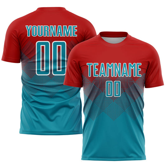 Custom Red Teal-White Sublimation Soccer Uniform Jersey - Main View