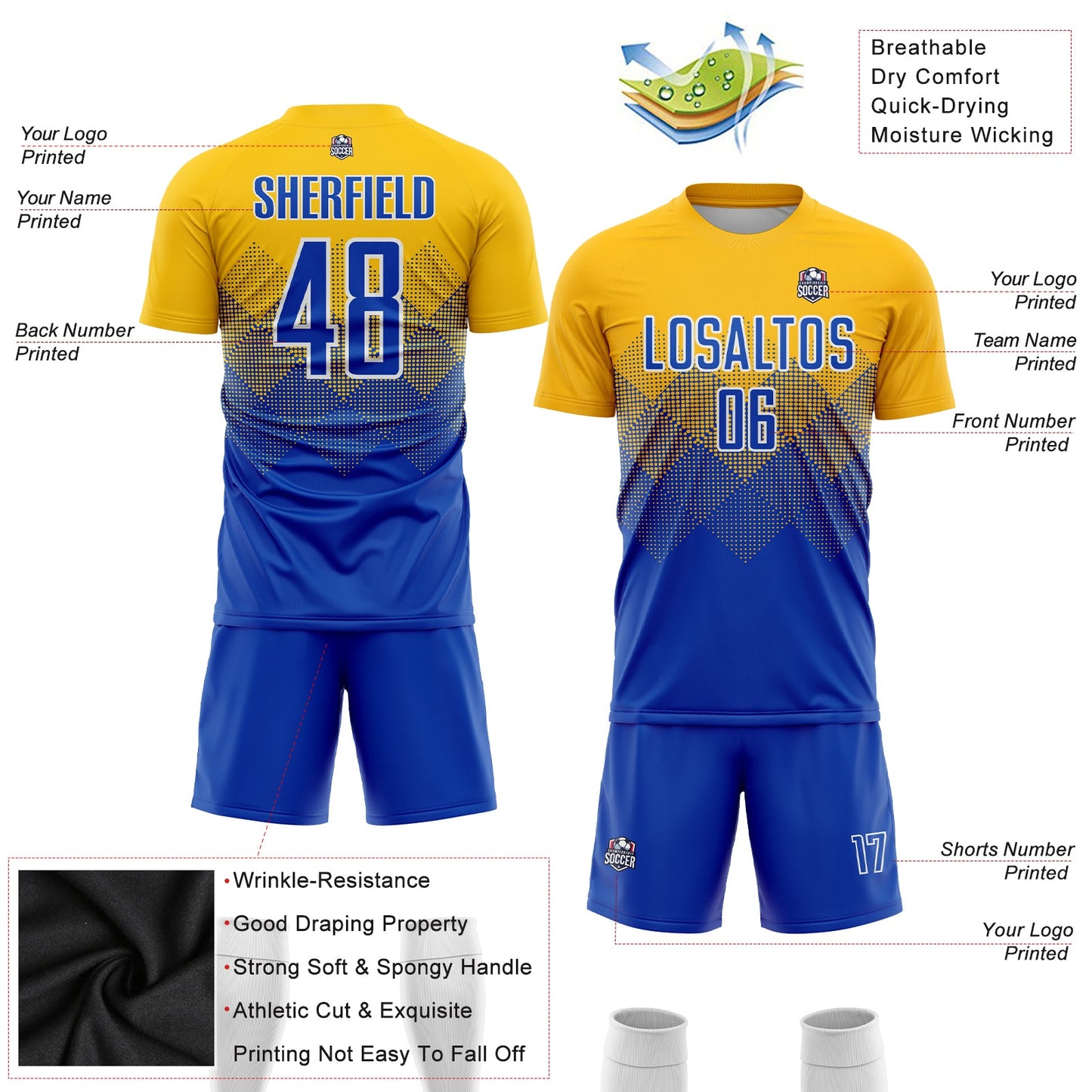 Custom Gold Royal-White Sublimation Soccer Uniform Jersey view 3