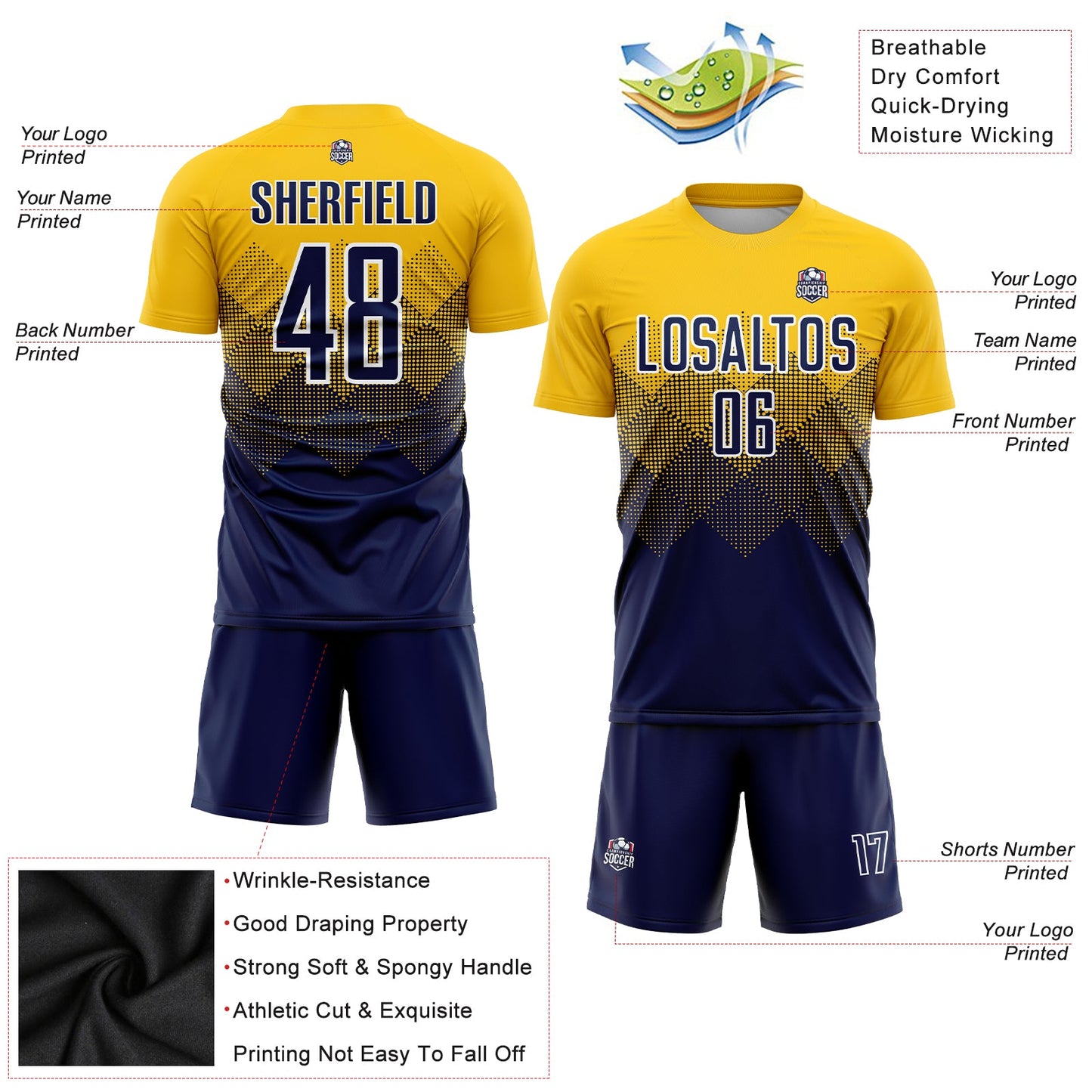 Custom Gold Navy-White Sublimation Soccer Uniform Jersey view 3