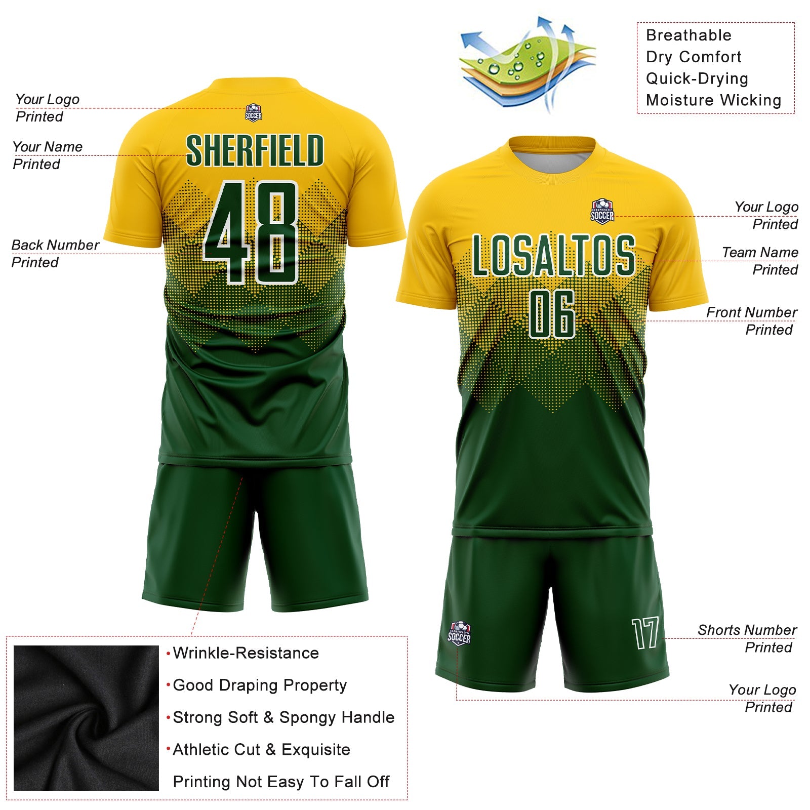 Custom Gold Green-White Sublimation Soccer Uniform Jersey view 3