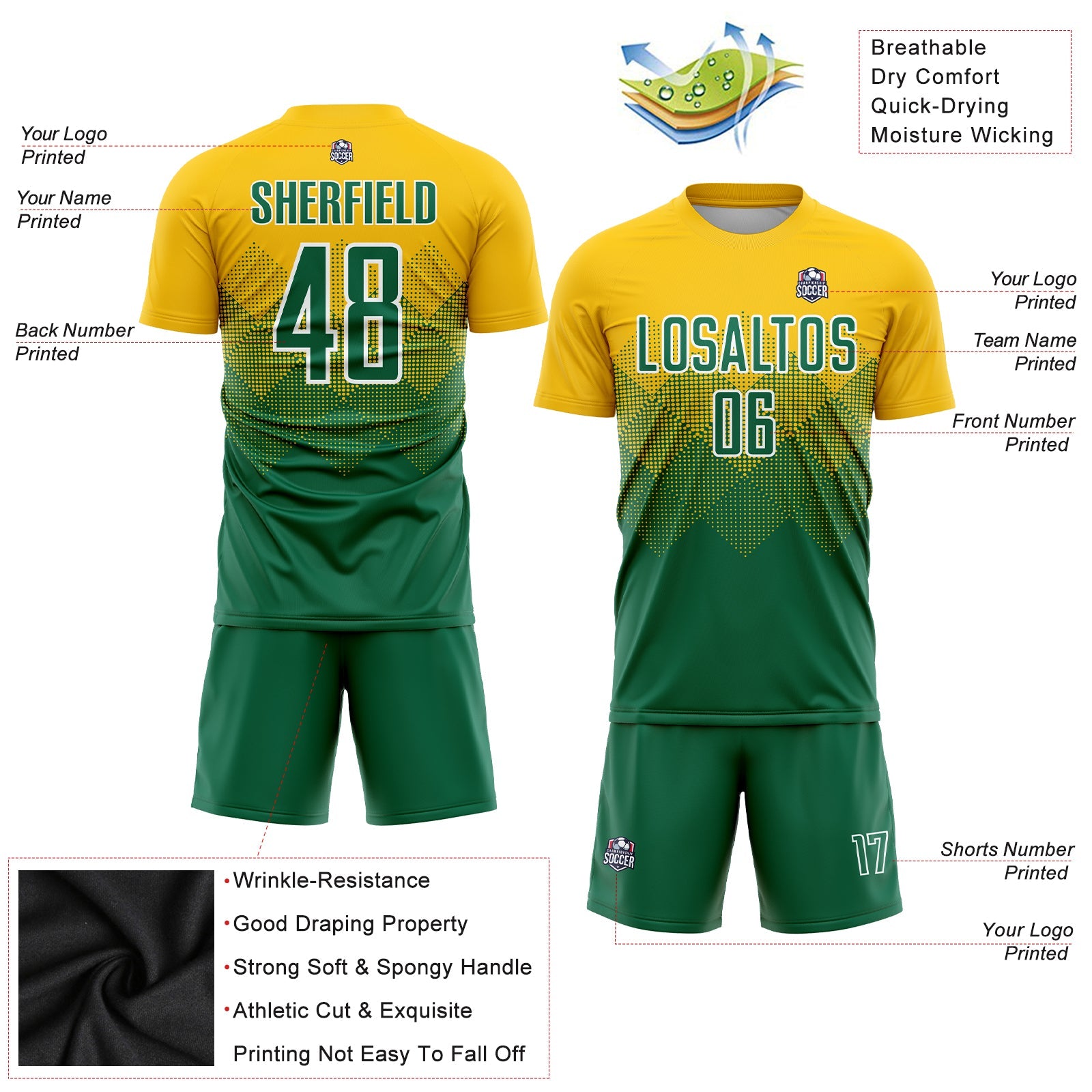 Custom Gold Kelly Green-White Sublimation Soccer Uniform Jersey view 3