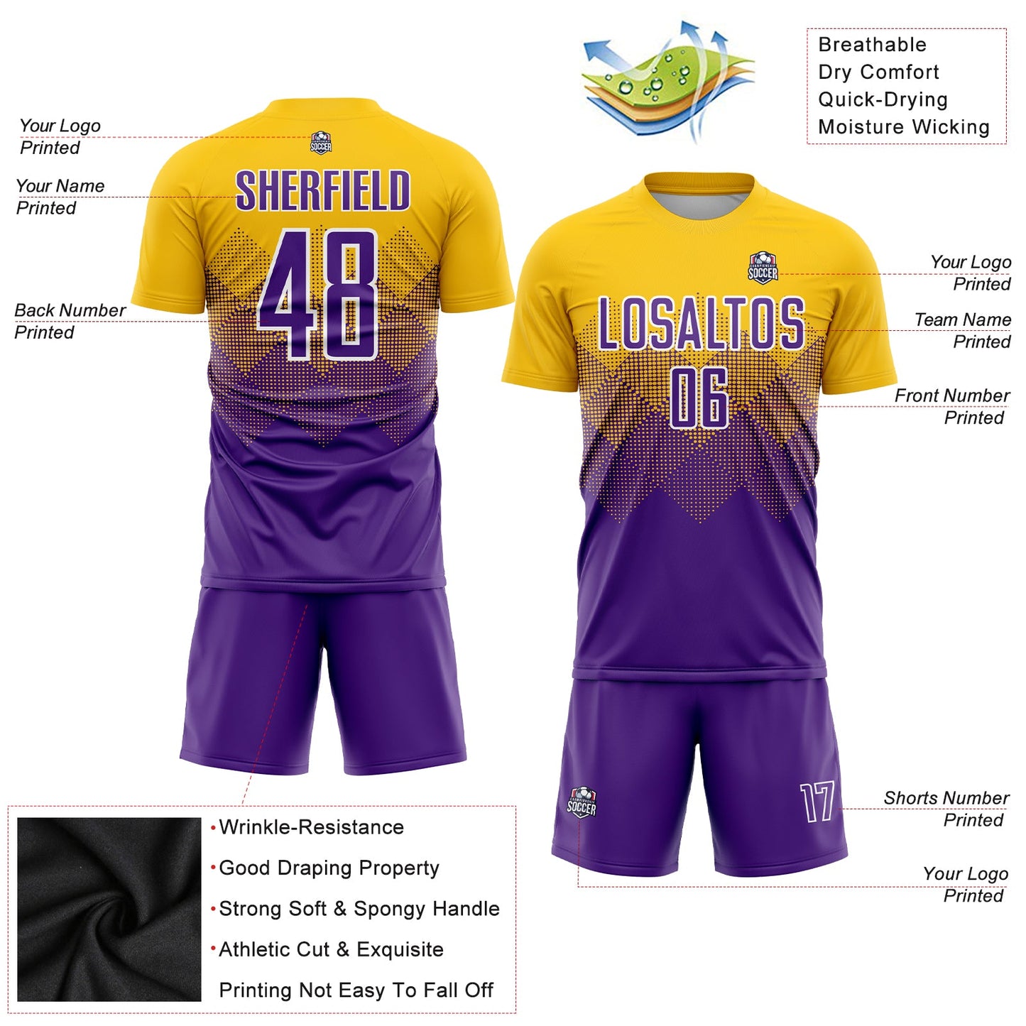 Custom Gold Purple-White Sublimation Soccer Uniform Jersey view 3