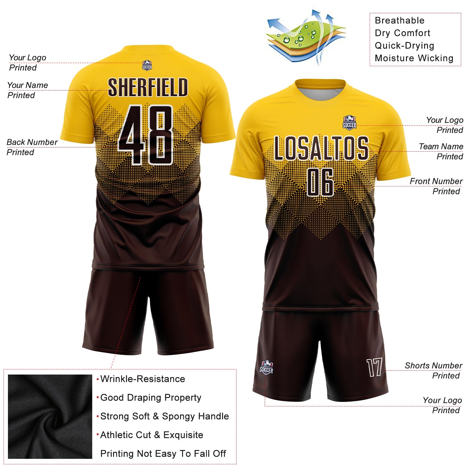 Custom Gold Brown-White Sublimation Soccer Uniform Jersey view 3