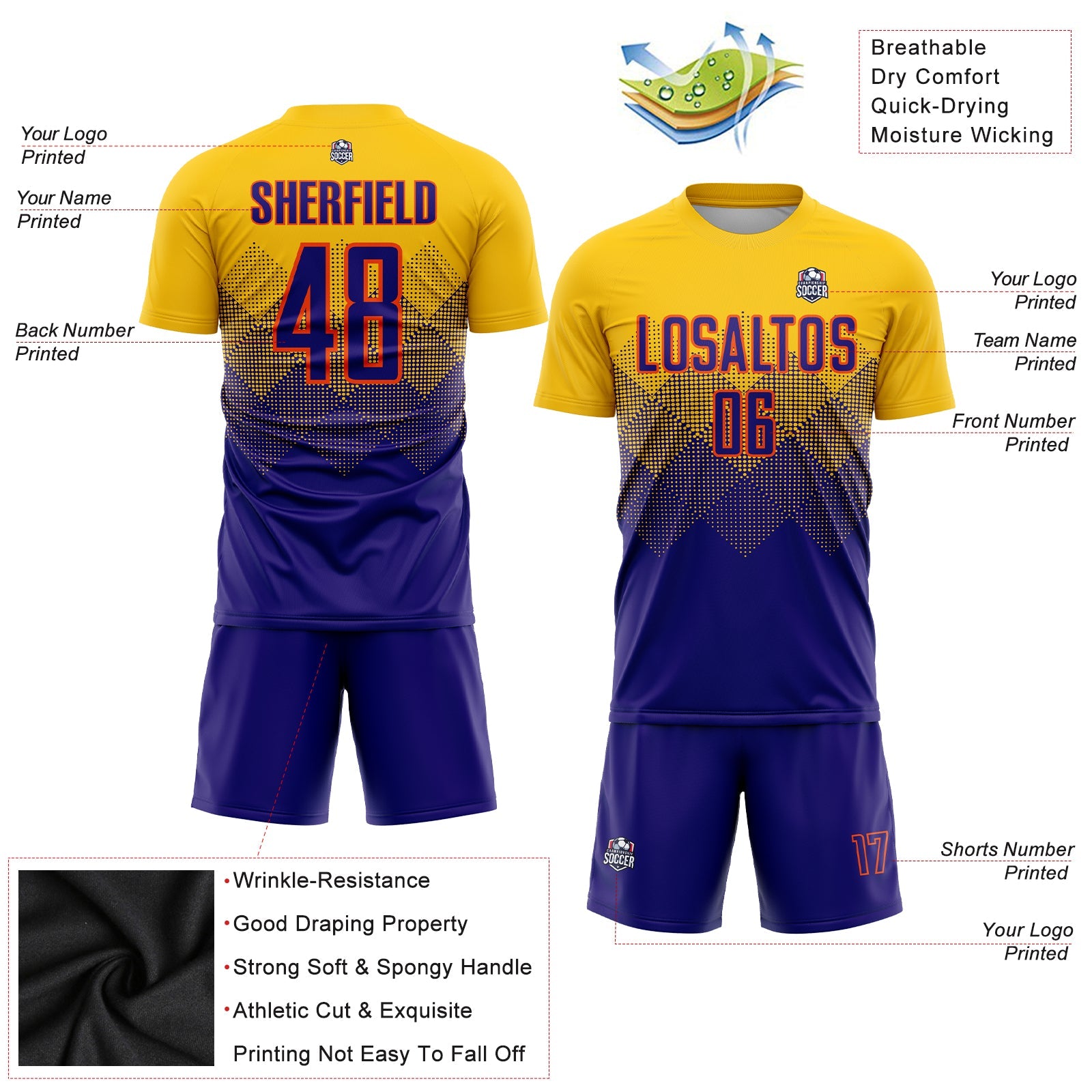 Custom Gold Dark Purple-Orange Sublimation Soccer Uniform Jersey view 3
