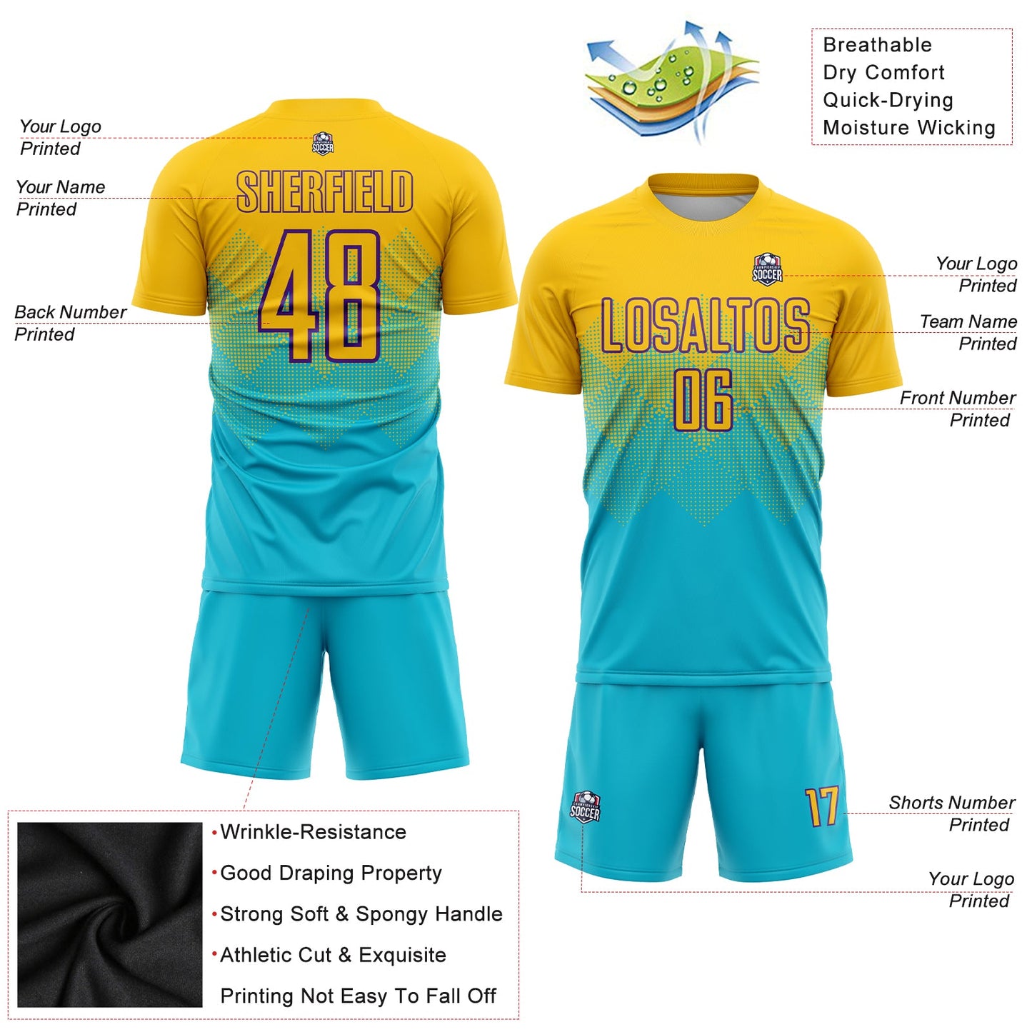 Custom Lakes Blue Gold-Purple Sublimation Soccer Uniform Jersey view 3