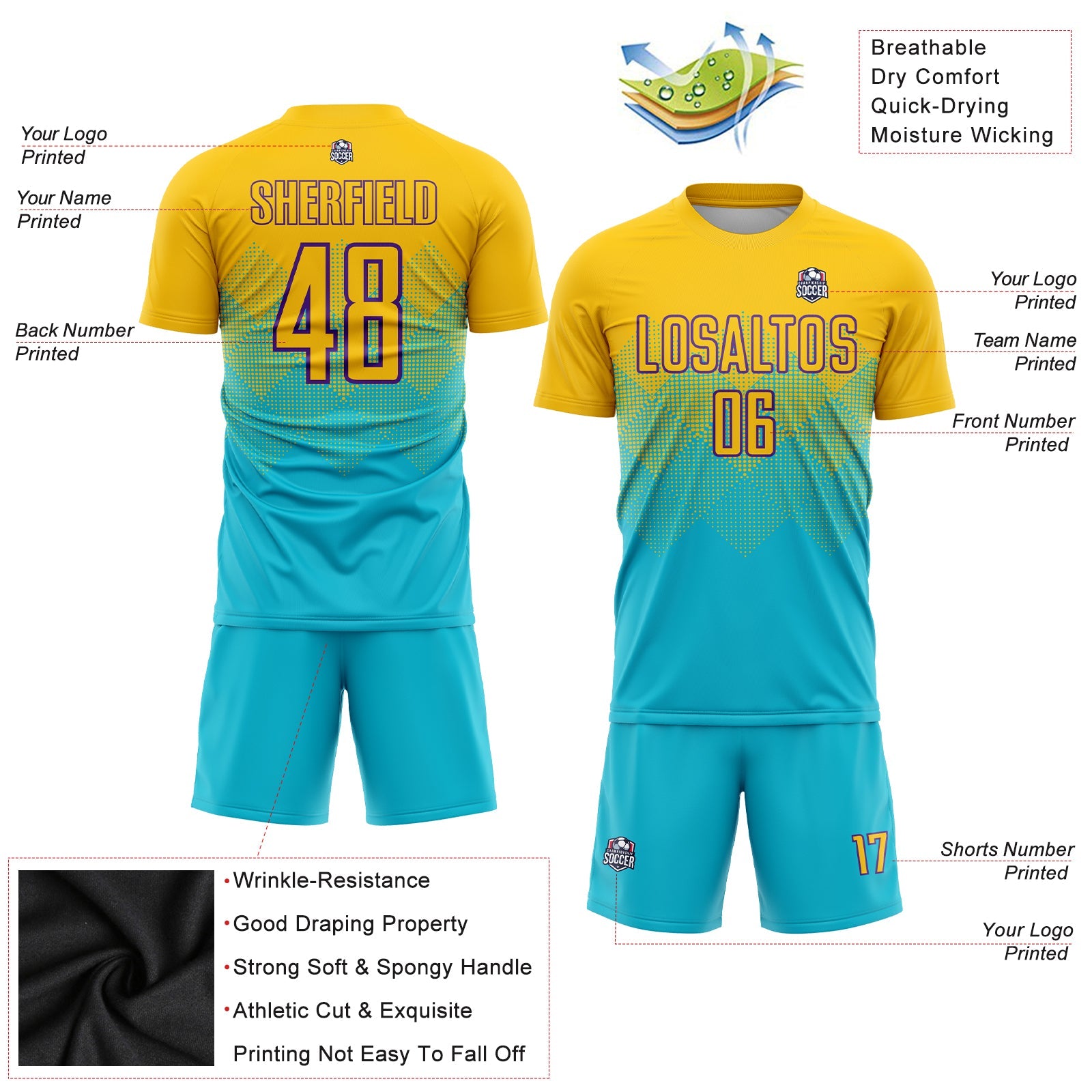 Custom Lakes Blue Gold-Purple Sublimation Soccer Uniform Jersey view 3