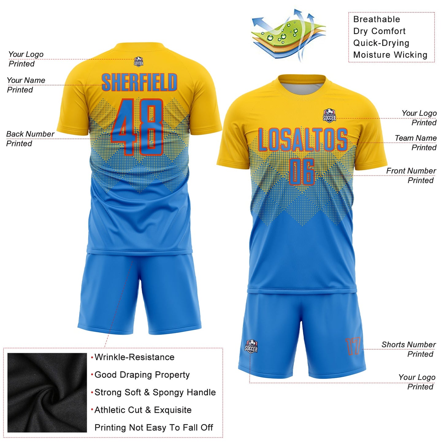 Custom Gold Powder Blue-Orange Sublimation Soccer Uniform Jersey view 3