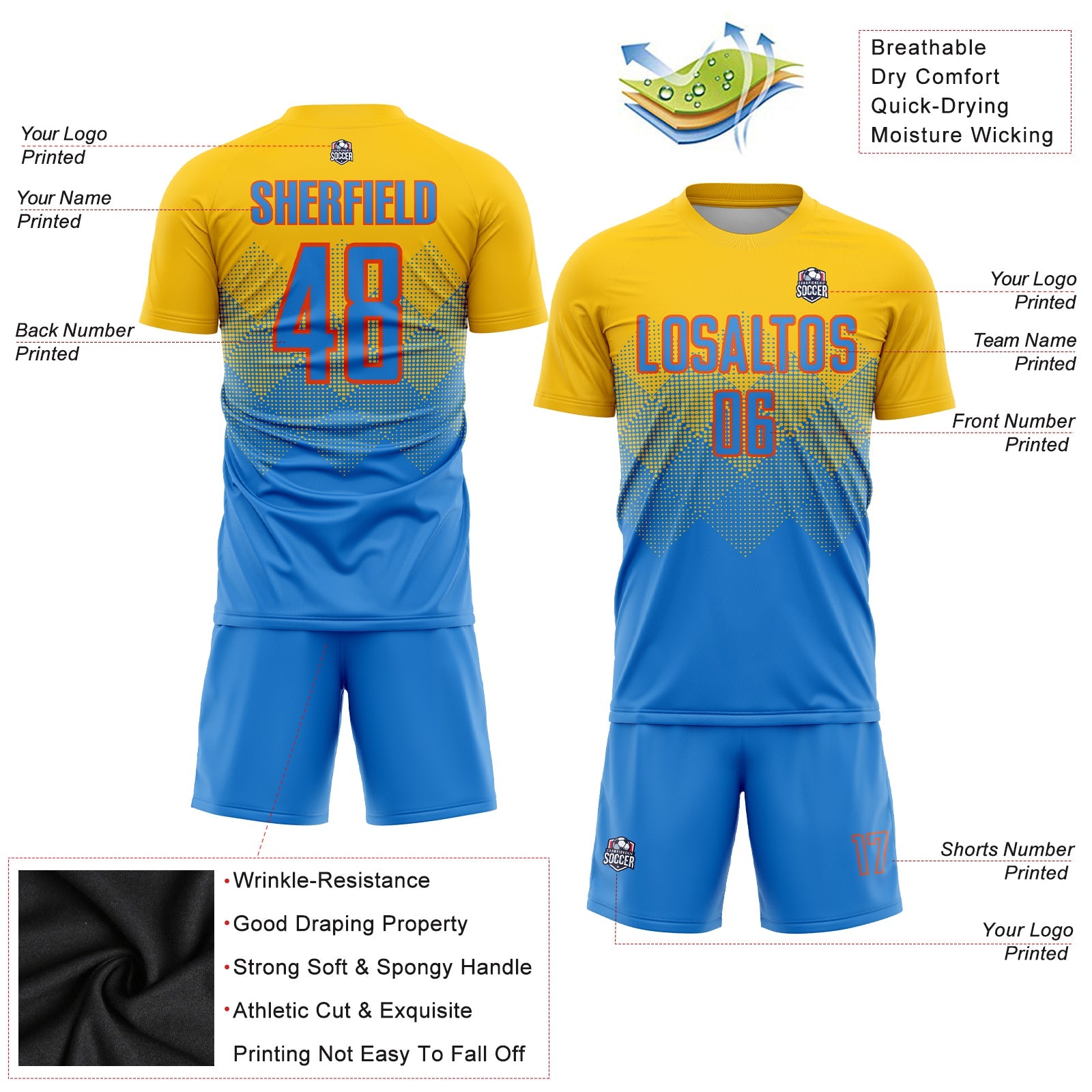 Custom Gold Powder Blue-Orange Sublimation Soccer Uniform Jersey view 3