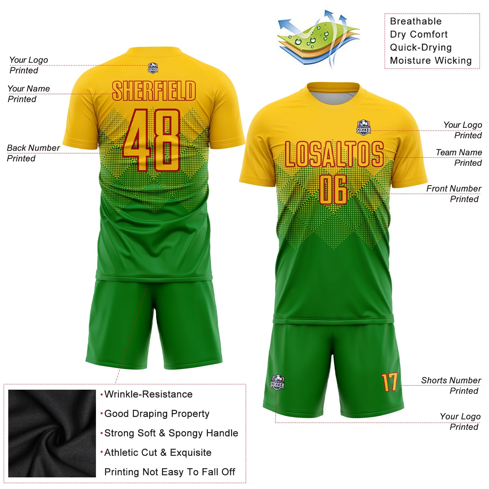Custom Grass Green Gold-Red Sublimation Soccer Uniform Jersey view 3