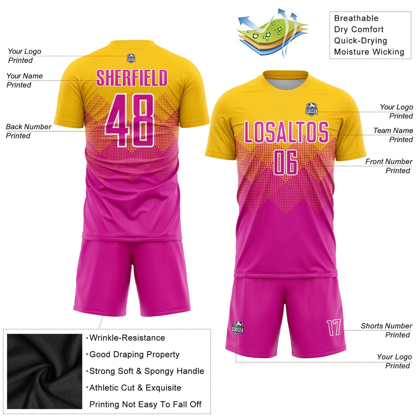 Custom Gold Deep Pink-White Sublimation Soccer Uniform Jersey view 3