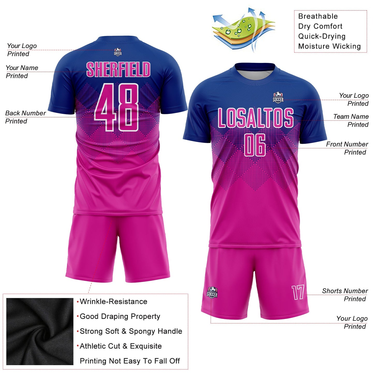 Custom Royal Deep Pink-White Sublimation Soccer Uniform Jersey view 3