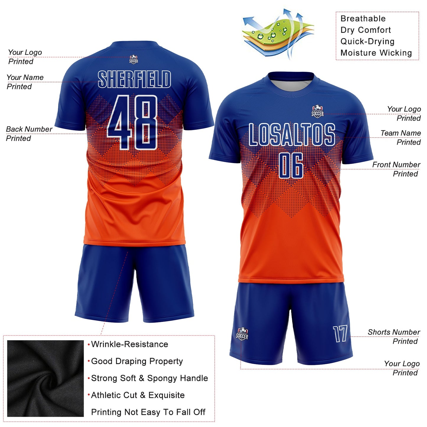 Custom Orange Royal-White Sublimation Soccer Uniform Jersey view 3