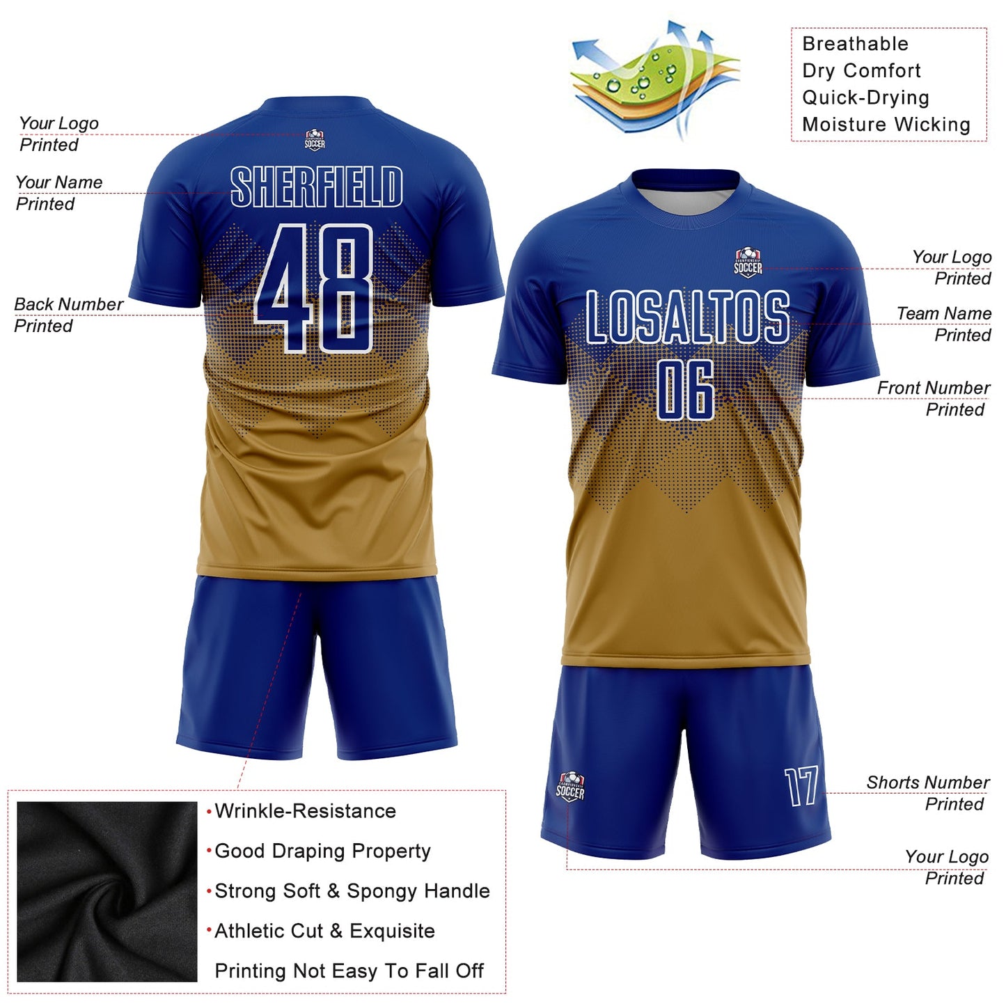 Custom Old Gold Royal-White Sublimation Soccer Uniform Jersey view 3