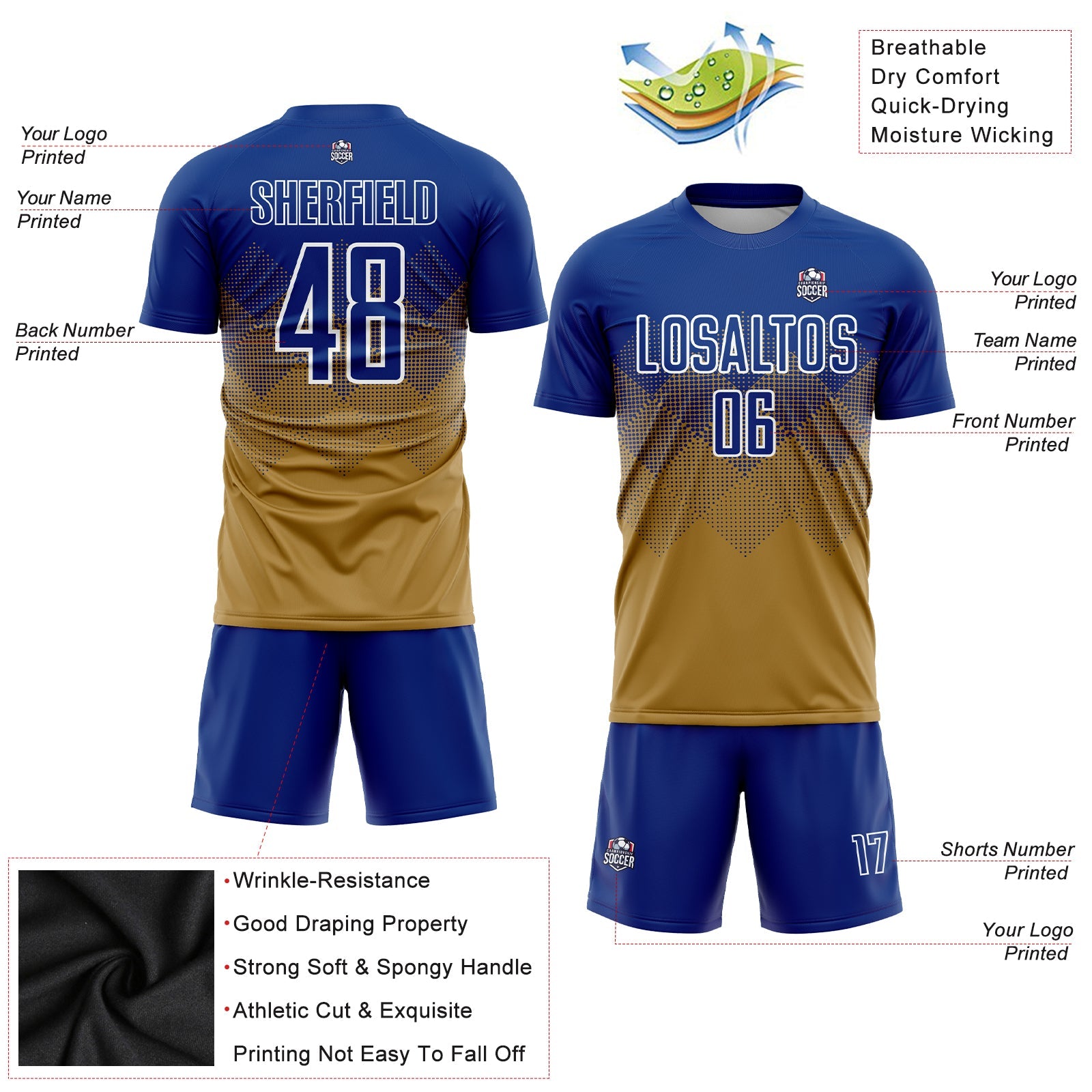 Custom Old Gold Royal-White Sublimation Soccer Uniform Jersey view 3