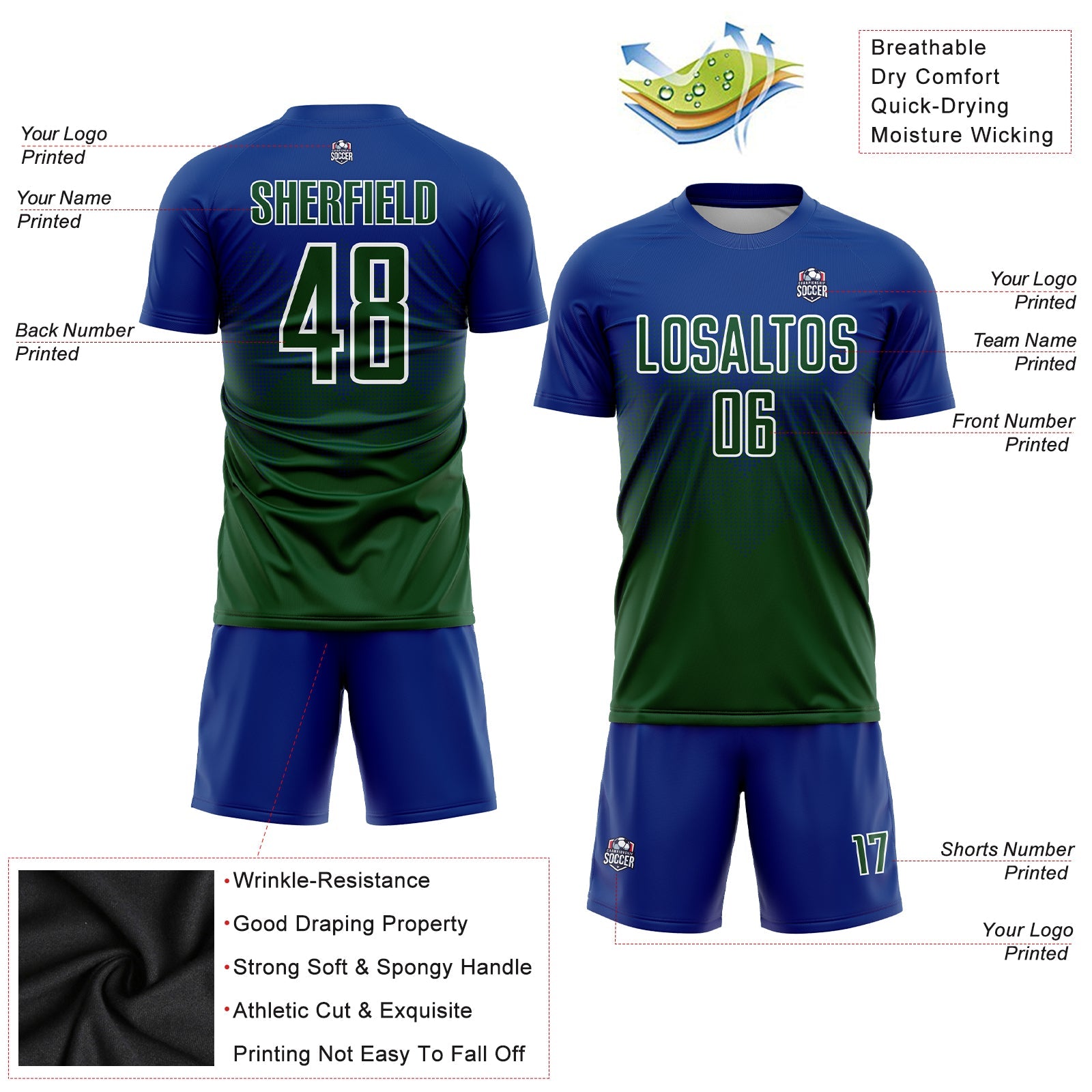 Custom Royal Green-White Sublimation Soccer Uniform Jersey view 3