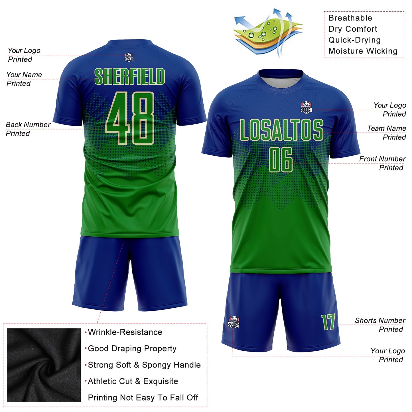 Custom Royal Keely Green-Cream Sublimation Soccer Uniform Jersey view 3