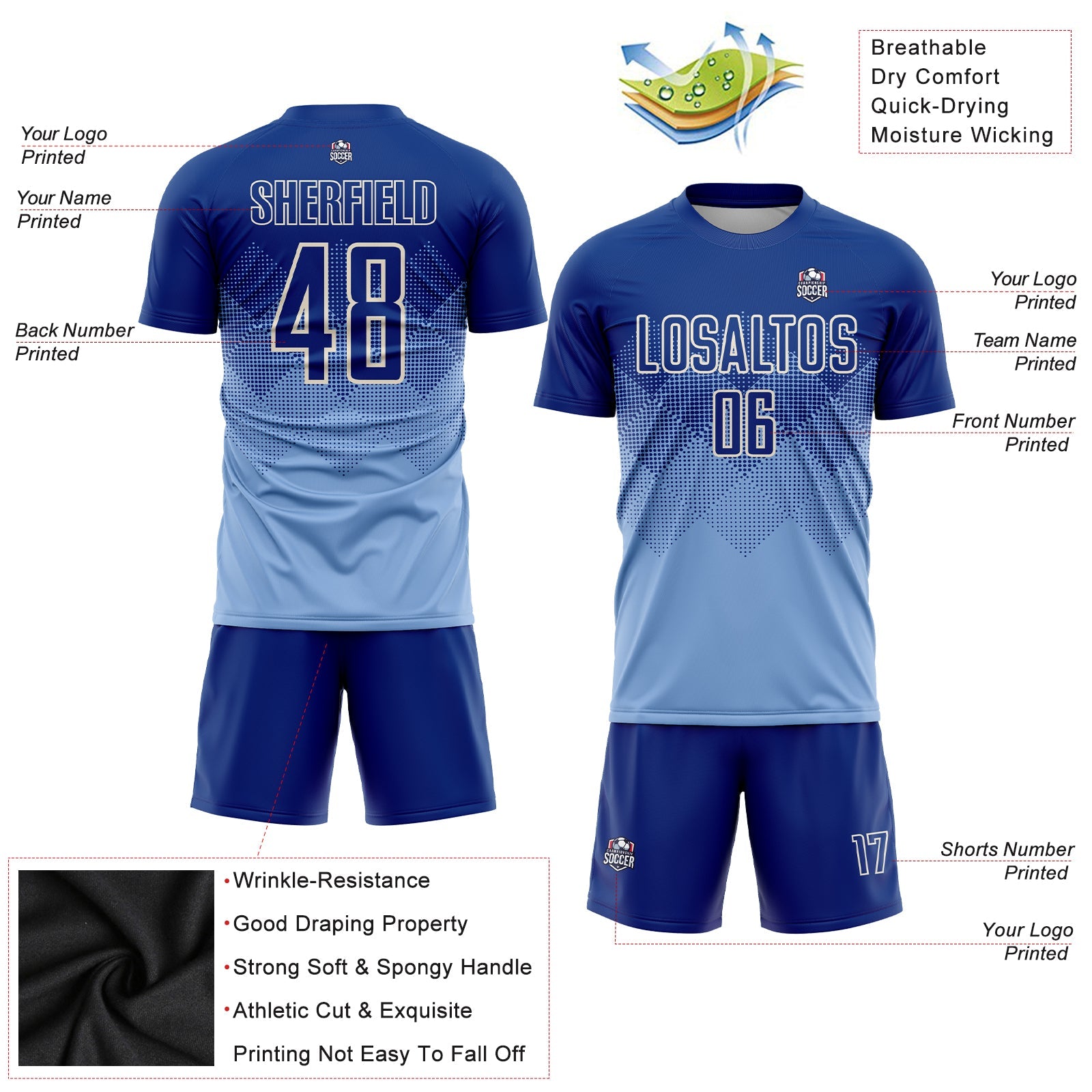 Custom Light Blue Royal-Cream Sublimation Soccer Uniform Jersey view 3