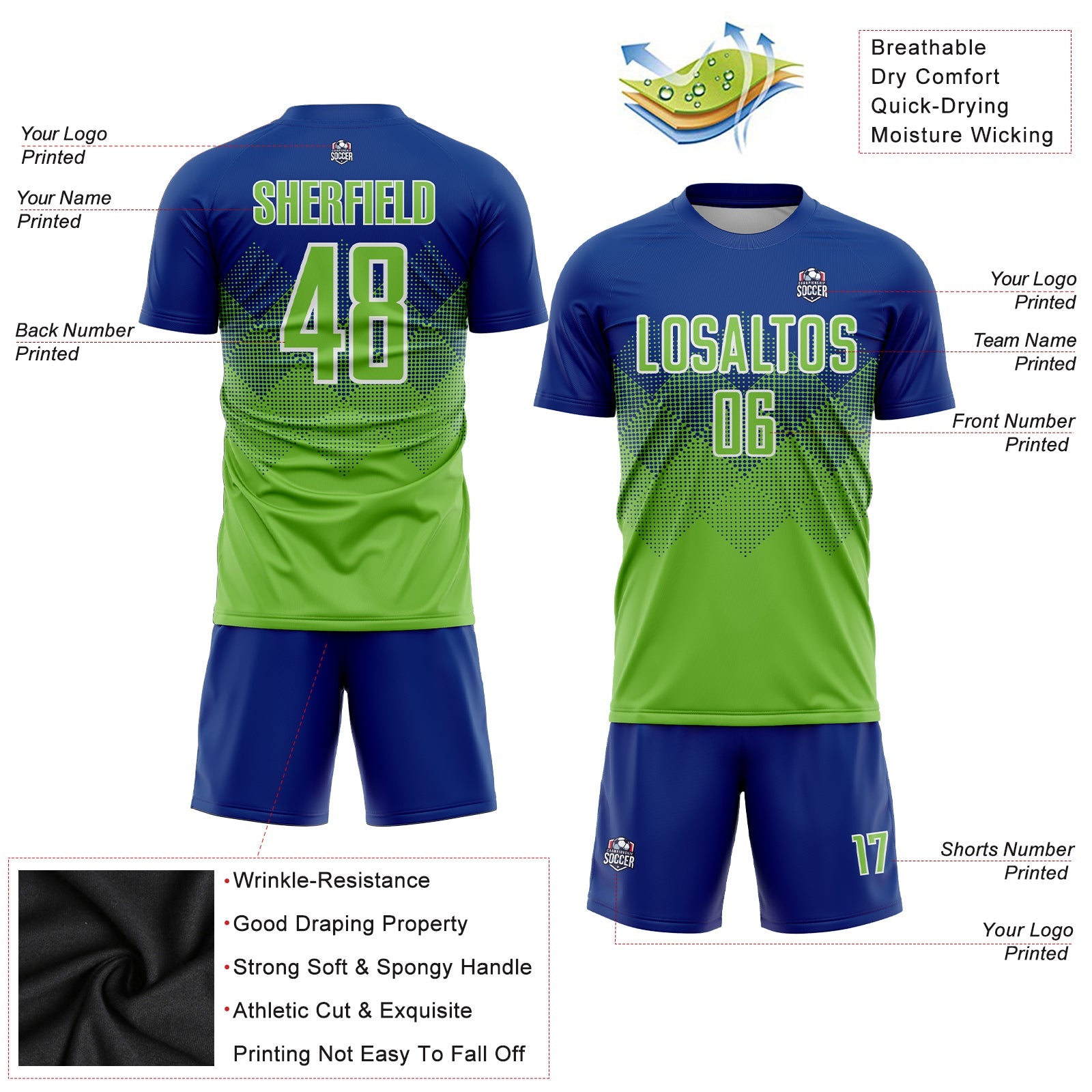 Custom Royal Neon Green-White Sublimation Soccer Uniform Jersey view 3