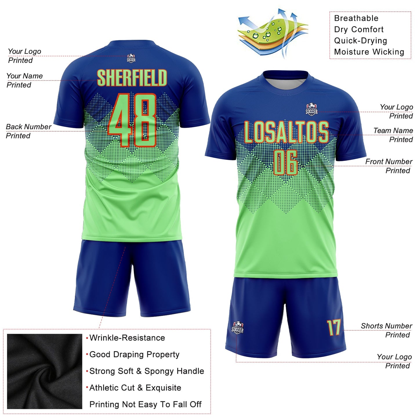 Custom Royal Pea Green-Orange Sublimation Soccer Uniform Jersey view 3