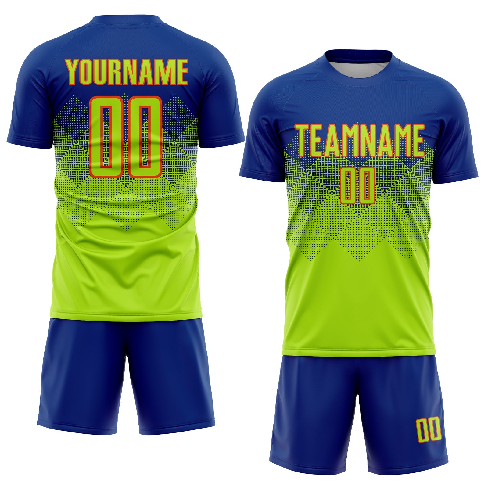 Custom Royal Neon Green-Orange Sublimation Soccer Uniform Jersey view 2