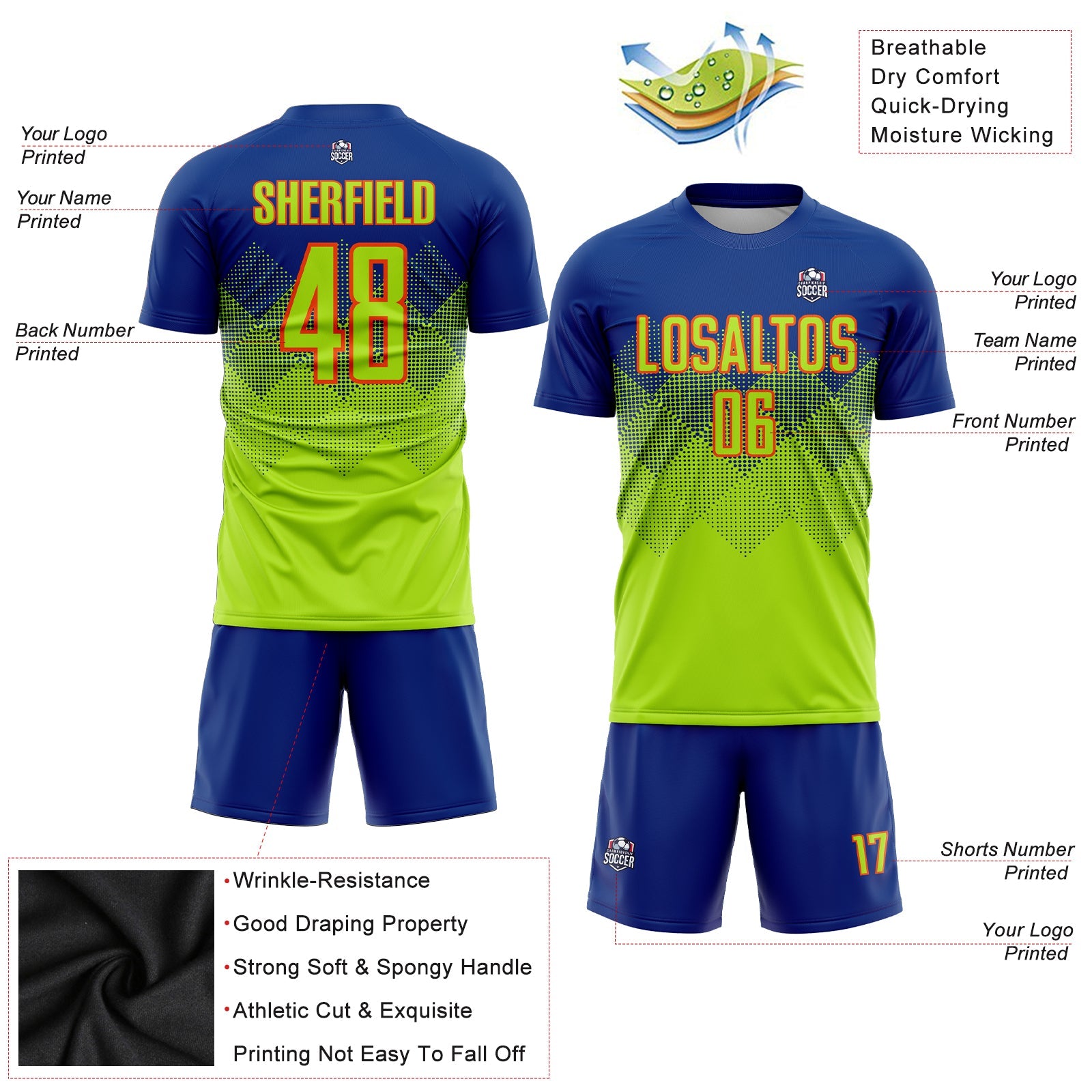 Custom Royal Neon Green-Orange Sublimation Soccer Uniform Jersey view 3