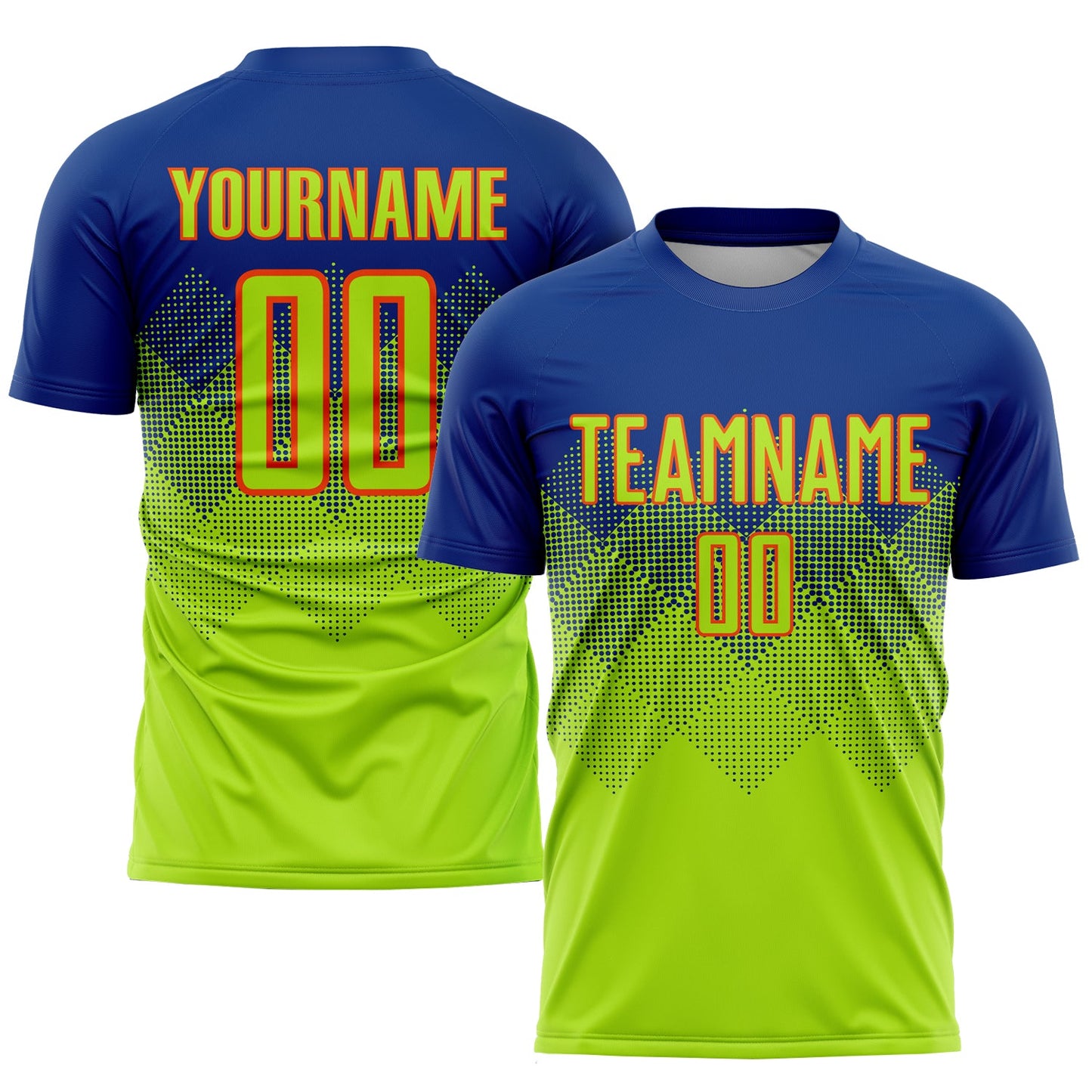 Custom Royal Neon Green-Orange Sublimation Soccer Uniform Jersey - Main View