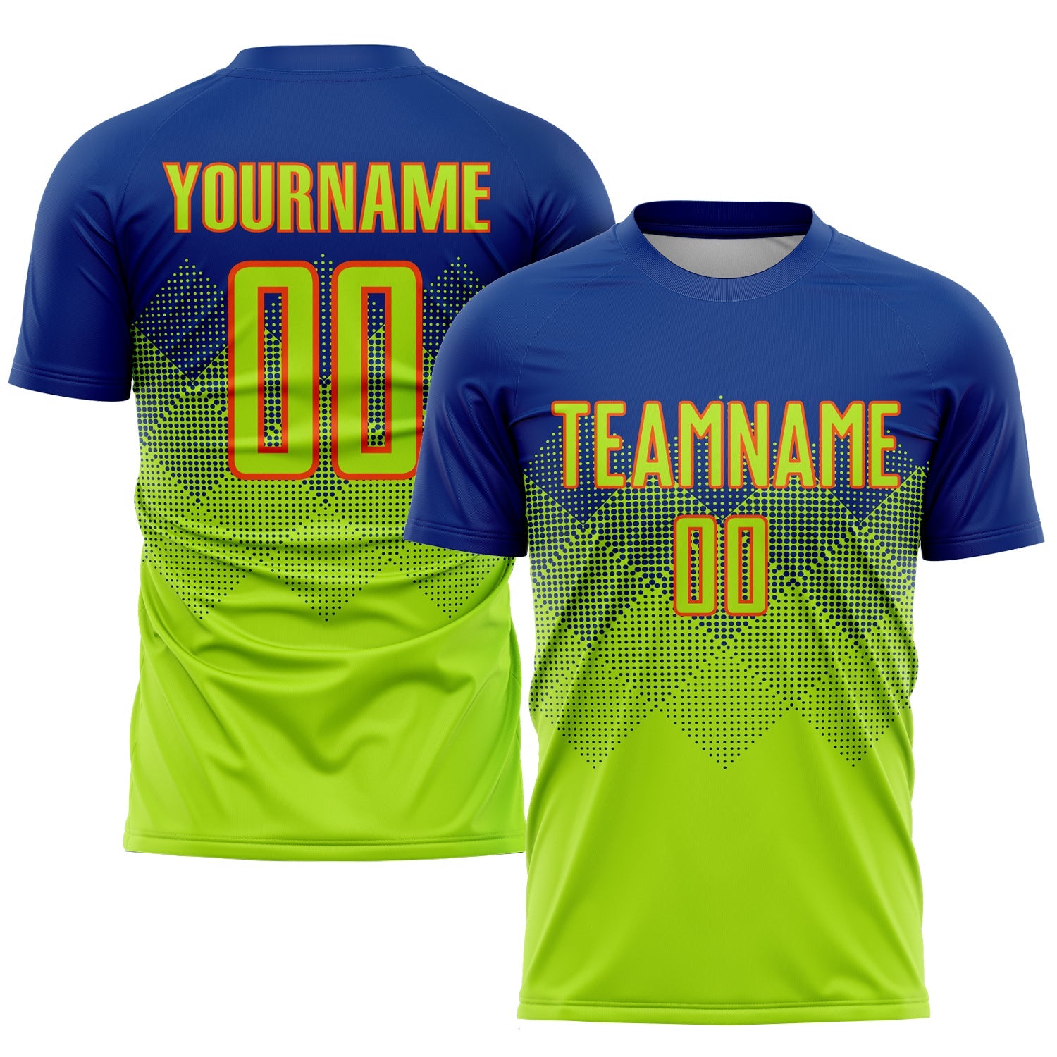 Custom Royal Neon Green-Orange Sublimation Soccer Uniform Jersey - Main View