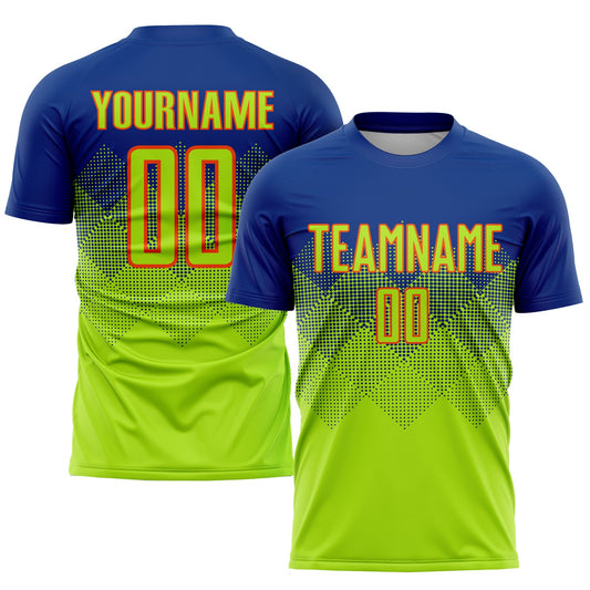 Custom Royal Neon Green-Orange Sublimation Soccer Uniform Jersey - Main View