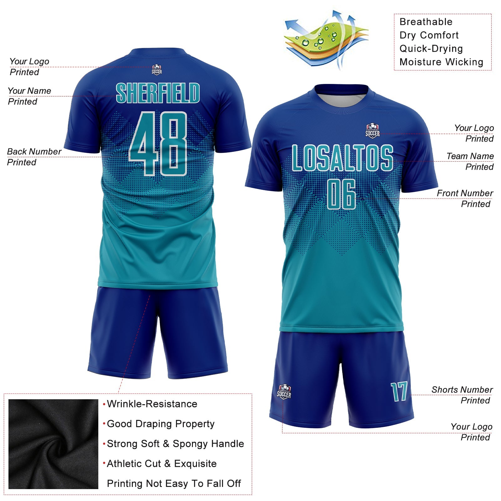 Custom Royal Teal-White Sublimation Soccer Uniform Jersey view 3